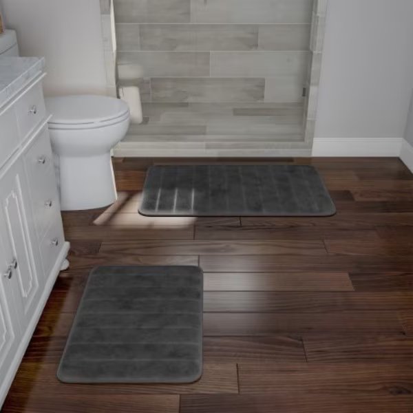 Set of 2 Bathroom Rug Set Memory Foam Mats Striped Microfiber, Non-Slip Absorbent Runner (Gray), Hastings Home, Mfr#: 218803IUS